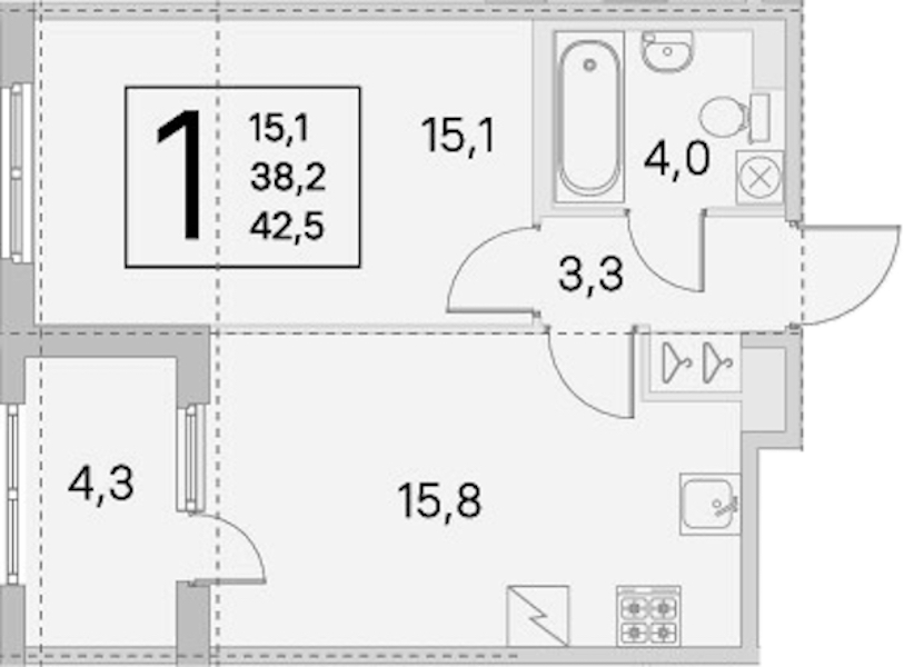 1-комнатная квартира 38.2 м², 2/5 эт., ЖК «ЮгТаун. Олимпийские кварталы»